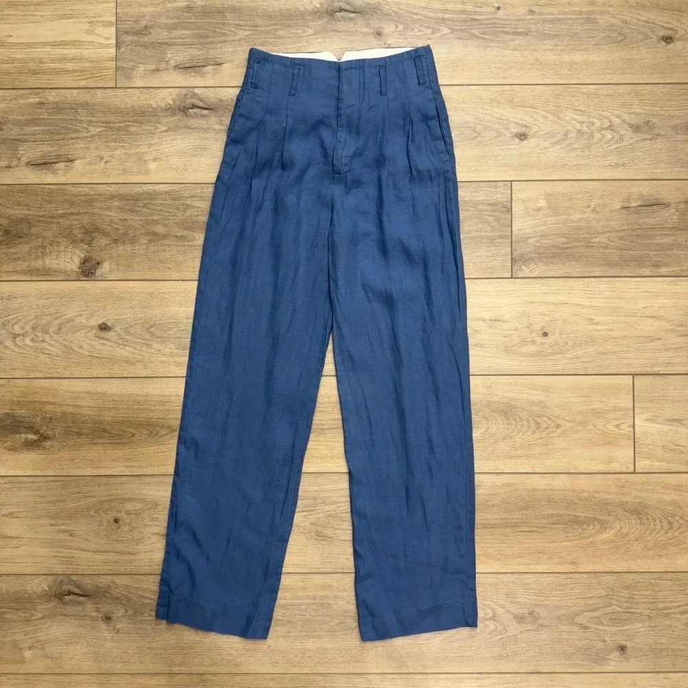Zara Blue Linen Ultra High Waisted Wide Leg Pleated Trousers Pants Scandi Size S